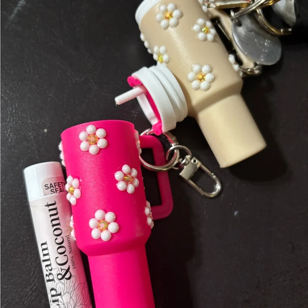 2 Custom rhinestone chapstick Stanley keychain holders! Black and tan